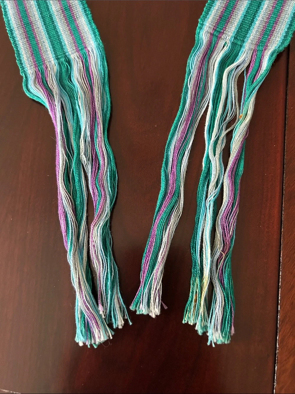Striped Fringe Woven Belt in Teal, White & Purple